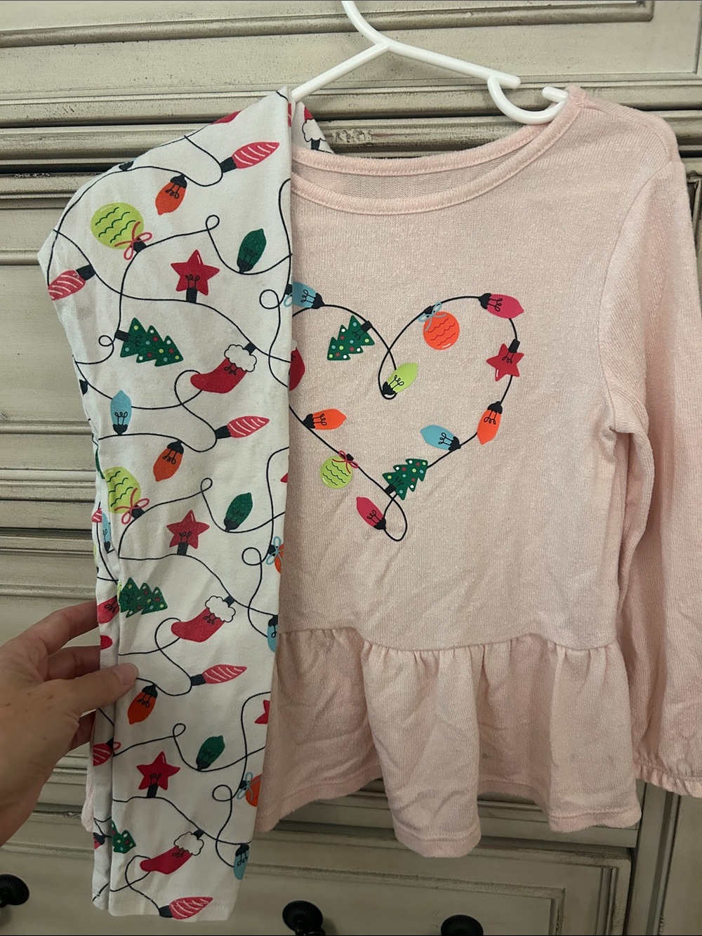 Girls Pink Holiday Light Heart Top with Printed Leggings